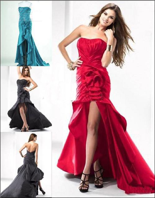 2012 Fashion High Low Style Red Black Strapless Taffeta Fold Prom Evening Formal Dresses  Gowns
