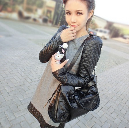 2012 fashion in small patchwork leather shoulder pads long-sleeve woolen one-piece dress basic