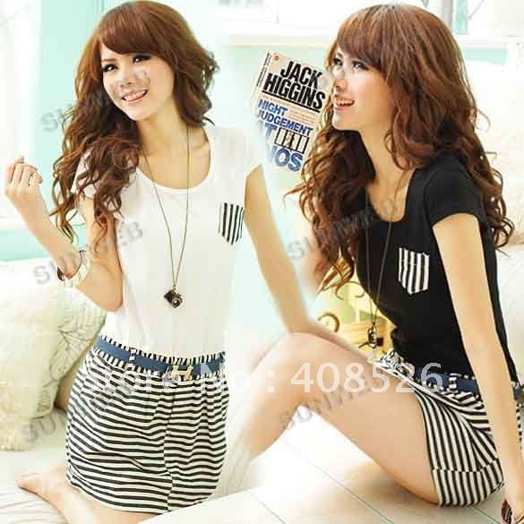 2012 Fashion Korea Women's Stripes Charming Off-shoulder Princess Mini Dress With Waistband free shipping 5278