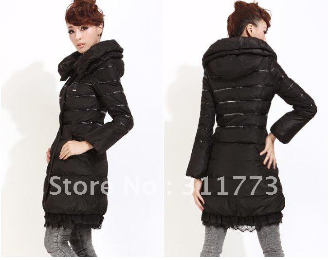 2012 fashion lace long down jacket for women.high quality winter warm outwear,pink and black over coat.free shipping