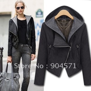 2012 fashion Ladies's Leather Jacket Coat with a hood oblique zipper slim handsome disassembly short leather women outerwear