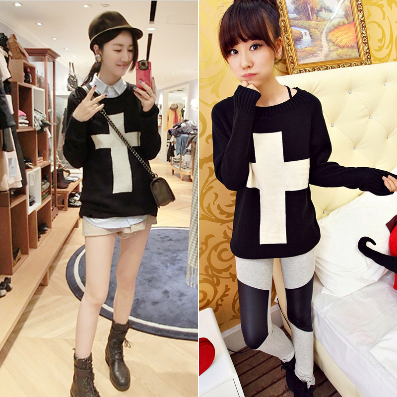 2012 fashion Lady's cross solid color o-neck long-sleeve pullover straight sweater 0827