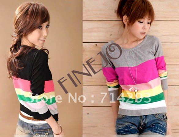 2012 Fashion Lady's Knitting Sweet Gentle Women's Long Sleeve Stripe Sweater Free Shipping 7257