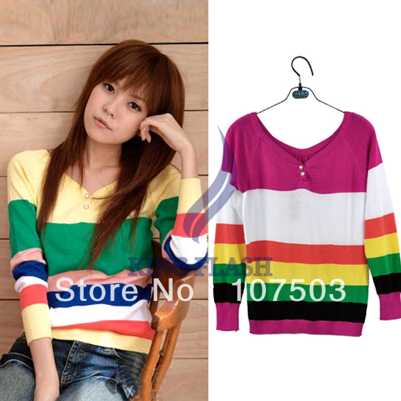 2012 Fashion Lady's Knitting Sweet Gentle Women's Long Sleeve Stripe Sweater Free Shipping 7257