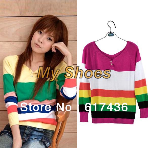 2012 Fashion Lady's Knitting Sweet Gentle Women's Long Sleeve Stripe Sweater Free Shipping 7257
