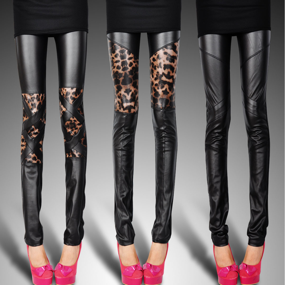 2012 fashion leopard print legging tights faux leather pants patchwork matt faux leather legging female autumn and winter