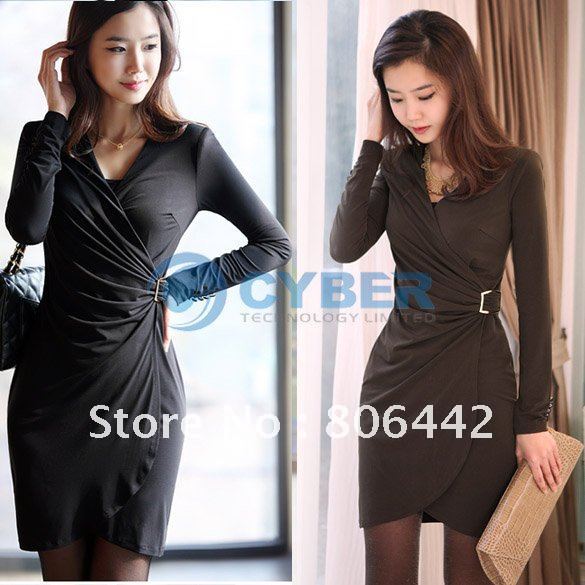 2012 Fashion Long Sleeve Dresses Women's Ladies Deep V-Neck Slim Sexy Mini Dress Free Shipping