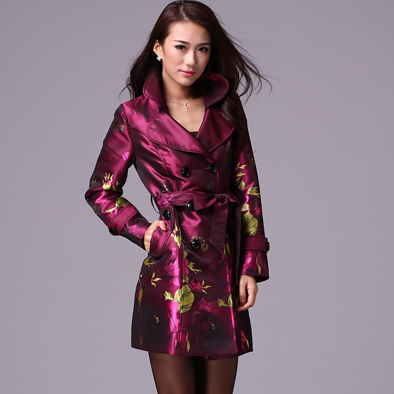 2012 fashion maroon flower slim long-sleeve trench outerwear belt free shipping