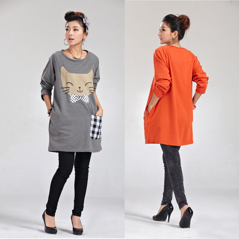 2012 fashion maternity clothing autumn long design plus size long-sleeve maternity t-shirt maternity top bow tie cat