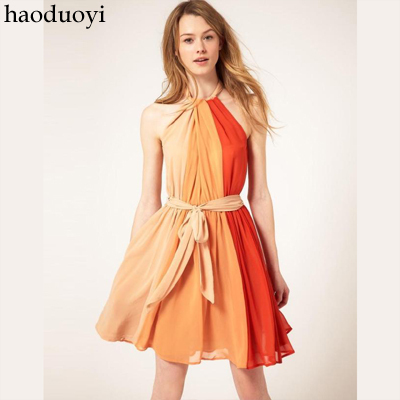 2012 Fashion new arrival pleated skirt chiffon color block decoration one-piece dress 6 full size,free shipping