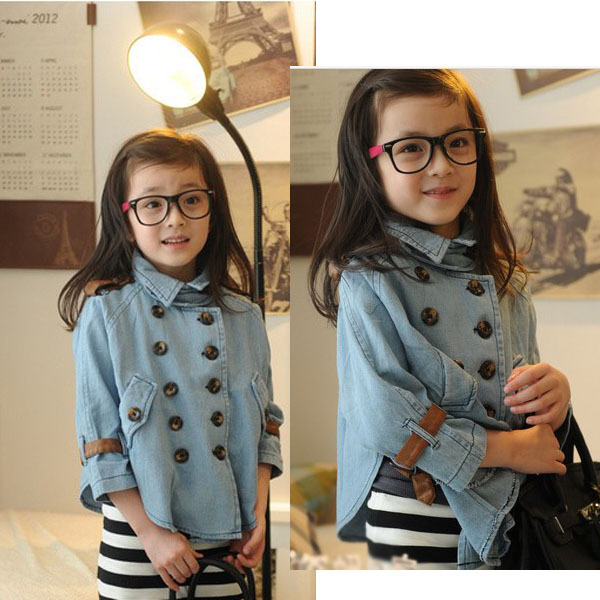 2012 Fashion New Kid Girl Autumn Double Breasted Trench Coat Denim Cloak Children's Clothing 5size