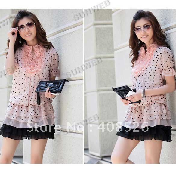 2012 Fashion new Women's Fungus dot Chiffon dress with short sleeves Dress free shipping 5375