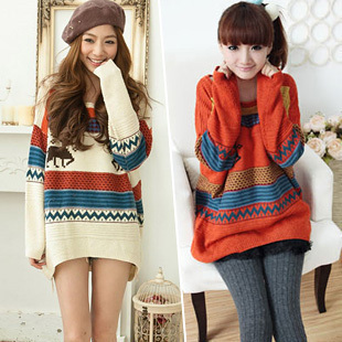 2012 fashion onta color block decoration loose large-panel o-neck pullover sweater outerwear female