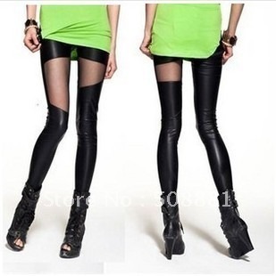 2012 fashion pants legging leather patchwork female transparent gauze summer legging lady women Legging