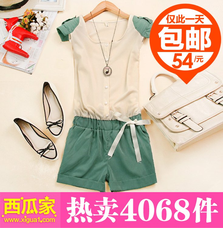 2012 Fashion Patchwork Chiffon Bow Jumpsuits,Sleeveless Shirts and  One Piece Shorts,Pink,Blue/Pink/Green,Free Shipping,RH 002