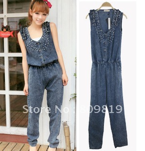 2012 fashion pearl decoration fashion pants  for woman   sleeveless slim waist women denim jumpsuit