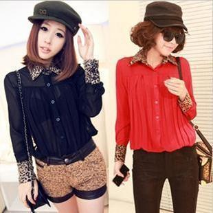 2012 fashion pleated leopard print chiffon shirt long-sleeve turn down collar shirt for women