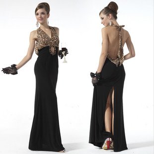 2012 Fashion print  Brown  Leopard evening dress Halter long formal dress
