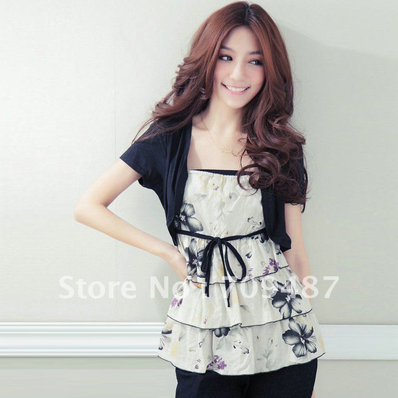 2012  fashion print fake second pieces lotus leaf short-sleeve dress top 532