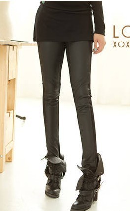 2012 fashion PU pants legging female patchwork trousers black colorant match leather pants legging autumn and winter