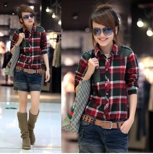 2012 Fashion Red Cheap lady Slim Fit Grid/Plaid Casual  Long sleeve Shirt  free shipping