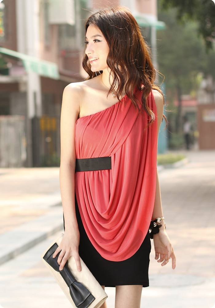 2012 Fashion Sexy Women One Shoulder Mini Dress Elegant Formal Attire Goddess Lady Watermelon Red &Apricot free shopping