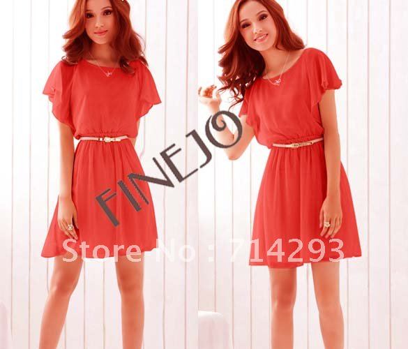 2012 fashion sexy  Women's Chiffon Dress Butterfly Sleeve Round Neck Open Back Slim 3 colors free shipping 5103