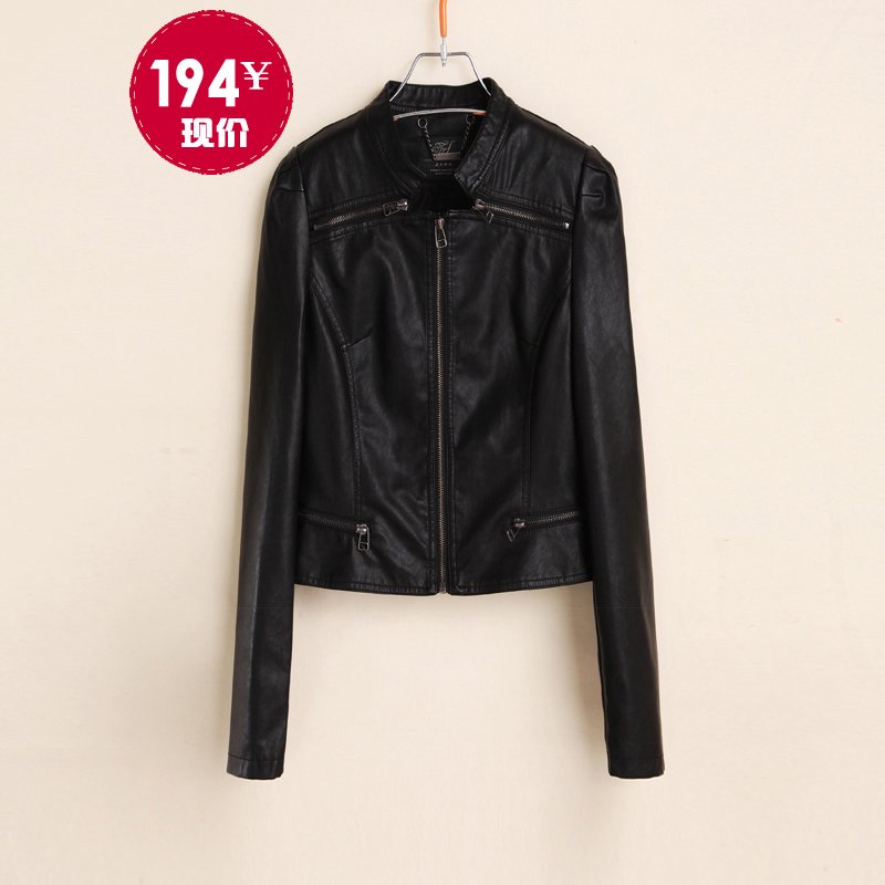 2012 fashion slim long-sleeve stand collar zipper short design leather clothing