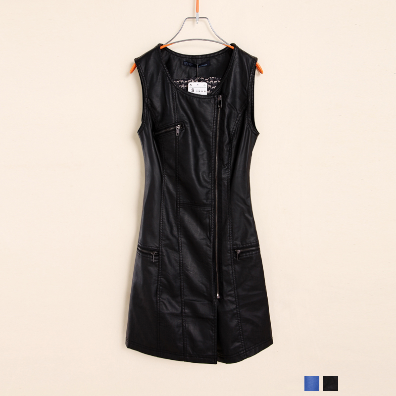 2012 fashion slim oblique zipper slim hip skirt PU one-piece dress leather skirt tank dress