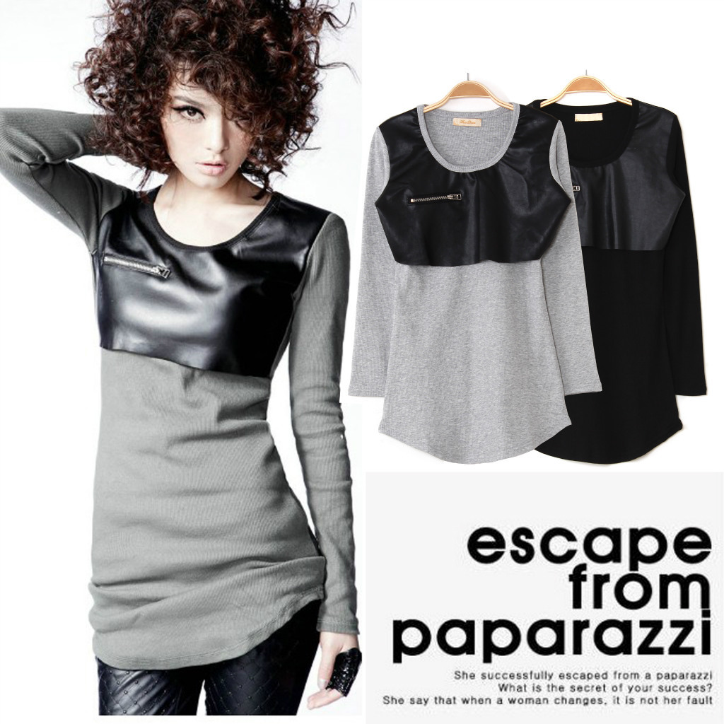 2012 fashion slim patchwork leather long sleeve shirt autumn t-shirt for women one piece free shipping