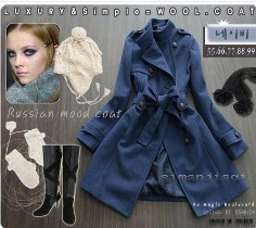 2012 fashion Stand Collar Belted Long Coat Navy free shipping JR0020-3