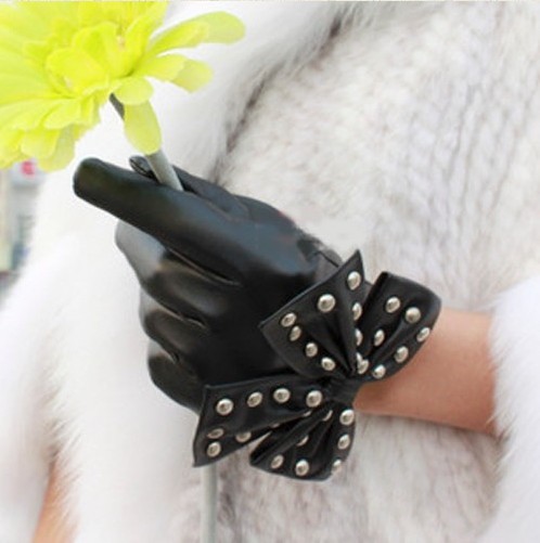 2012 Fashion Style Lovely Bow Women's Rivet Black Leather Gloves