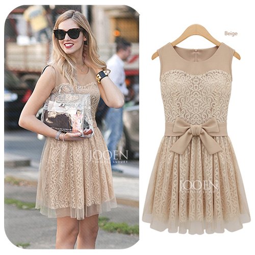 2012 Fashion Summer Women Lace Mesh Legging Bow Dress Knee-Length Cute Short Dress C0021