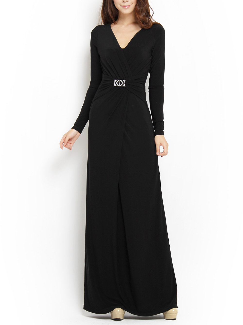 2012 fashion top metal rhinestone long-sleeve ultra long evening dress one-piece dress
