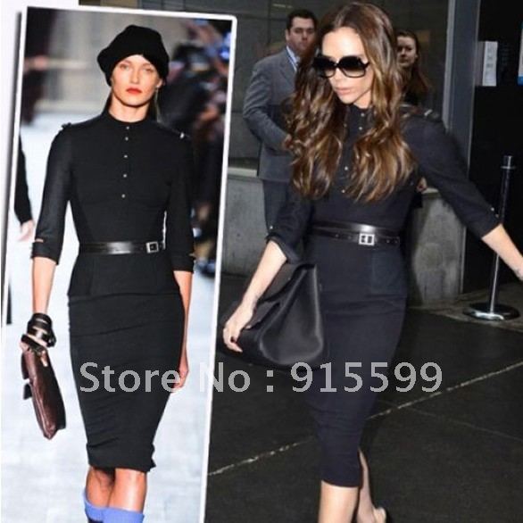 2012 fashion victoria one-piece dress epaulette vintage stand collar black slim with belt