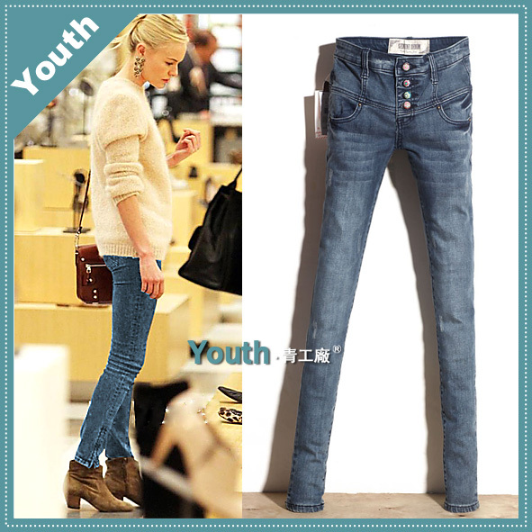 2012 fashion vintage mid waist color buckle blue jeans female pencil pants trousers