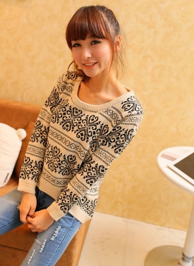 2012 fashion vintage national trend stripe jacquard low-high loose sweater