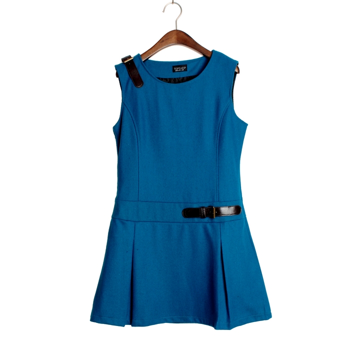 2012 fashion vintage preppy style leather buckle on decoration vest woolen one-piece dress