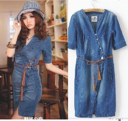 2012 fashion vintage women's plus size skirt elegant slim hip denim one-piece dress with belt