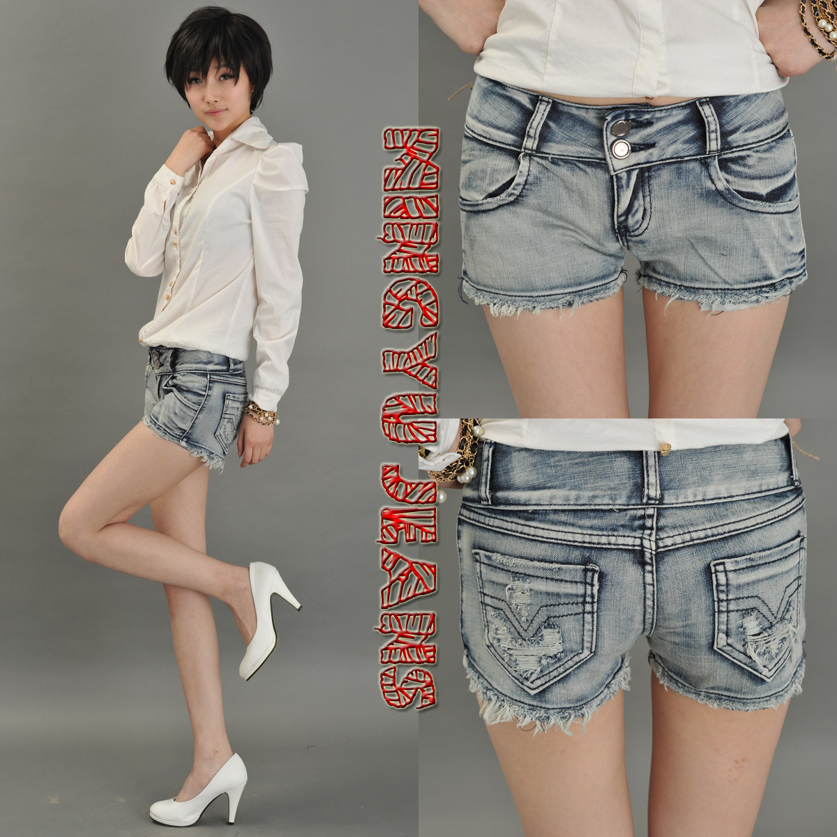 2012 fashion wearing white personality hole flash denim shorts