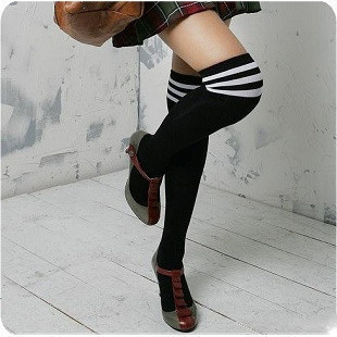 2012  Fashion Winter Warm Black-and-white Striped Skinny Over-knee Ladies Stockings Pantyhose Women Tights KC Z0042 ,MH