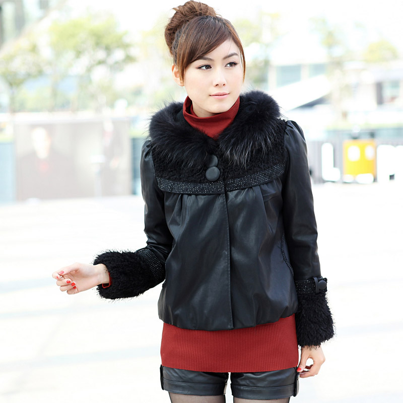 2012 fashion winter women's slim elegant fur collar quality leather clothing outerwear Women