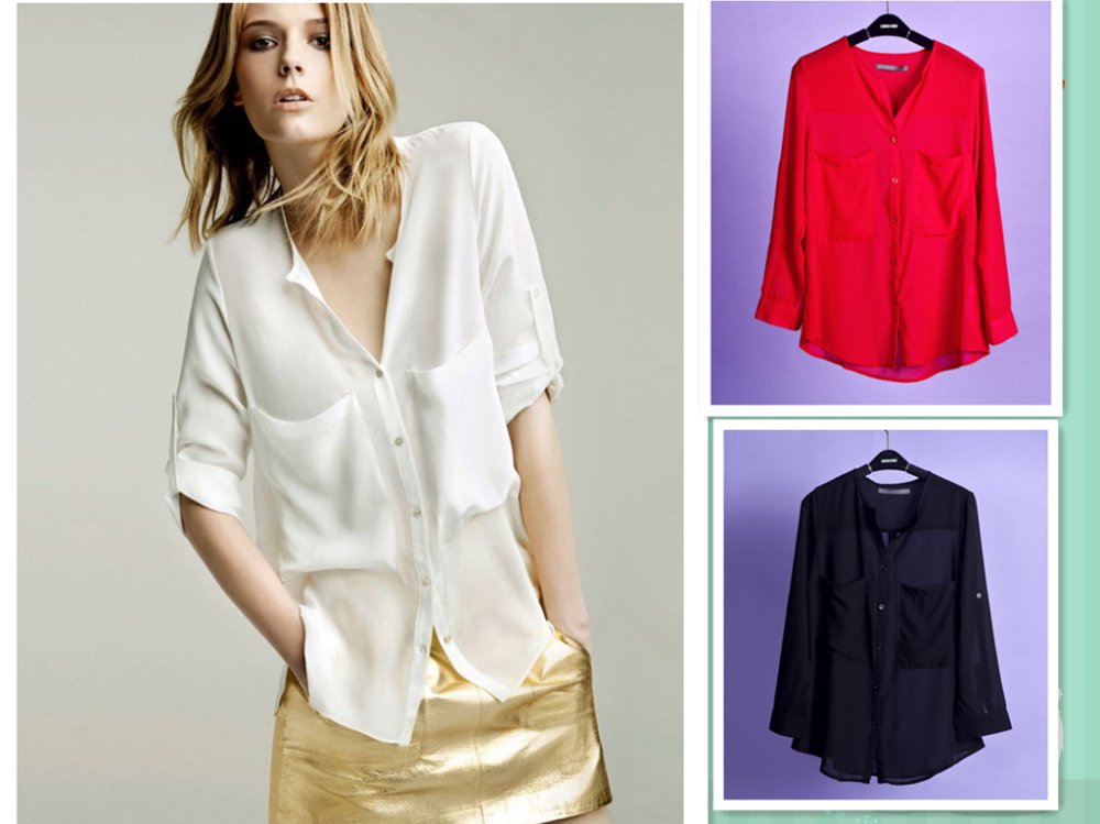 2012 fashion woman Pure color Chiffon blouses Spuare Collar Cardigan  Folded sleeves shirts free shipping