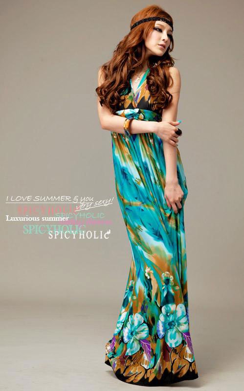 2012 Fashion women dress Bohemia Printed Halter Green Color Beach Summer Long Dress Maxi Dress for ladies Free Shipping