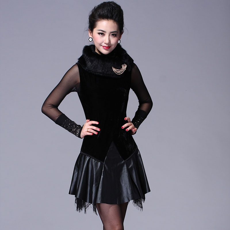 2012 fashion women's autumn new arrival quality rabbit fur lace brooch black leather skirt tank dress one-piece dress