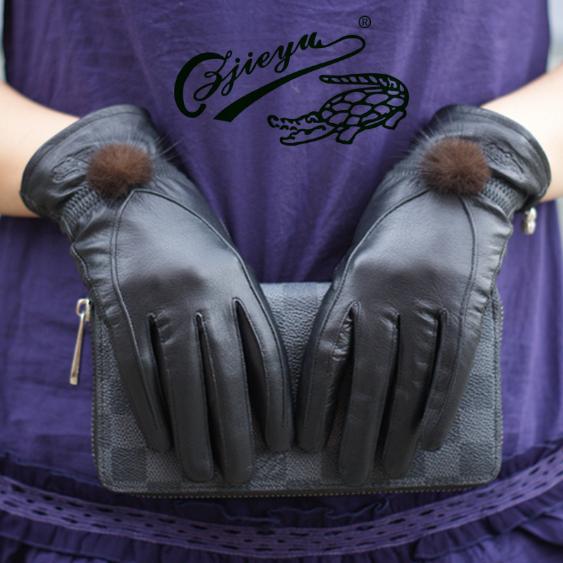 2012 Fashion women's Black sheepskin Leather gloves/Winter thermal genuine leather suede gloves/Thin and thick style GL1028