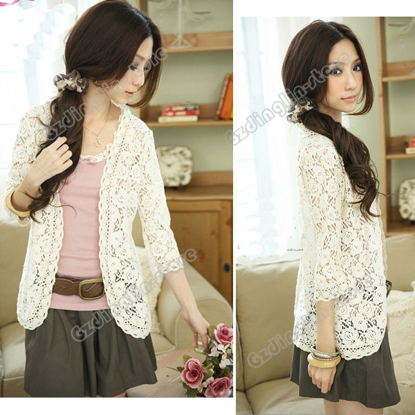 2012 Fashion Women's Clothing 3/4 Sleeve Lace Floral Pattern Casual Cardigan Jacket Coats Size S 2 Color Free Shipping 0712
