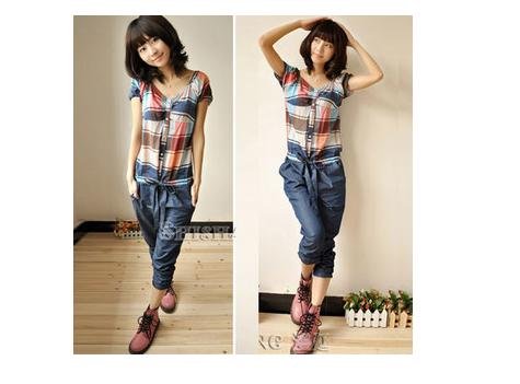 2012 Fashion women's cute checked elegant pleat sleeve Jumpsuits & Rompers dresses 217