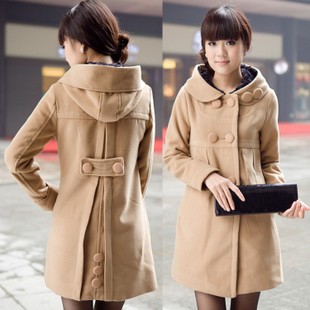 2012 fashion women's double breasted hooded thickening woolen coat overcoat outerwear trench winter clothing free shipping 248