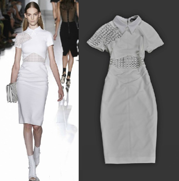 2012 Fashion women's fashion turn-down collar cutout patchwork tight stretch cotton slim hip one-piece dress